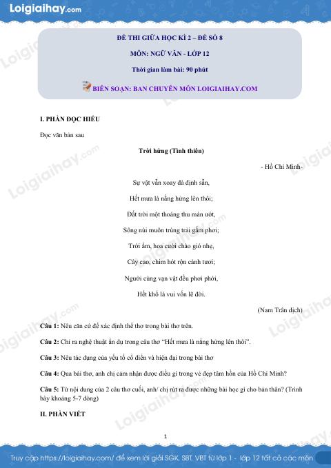 Đề thi giữa kì 2 Văn 12 - Đề số 8